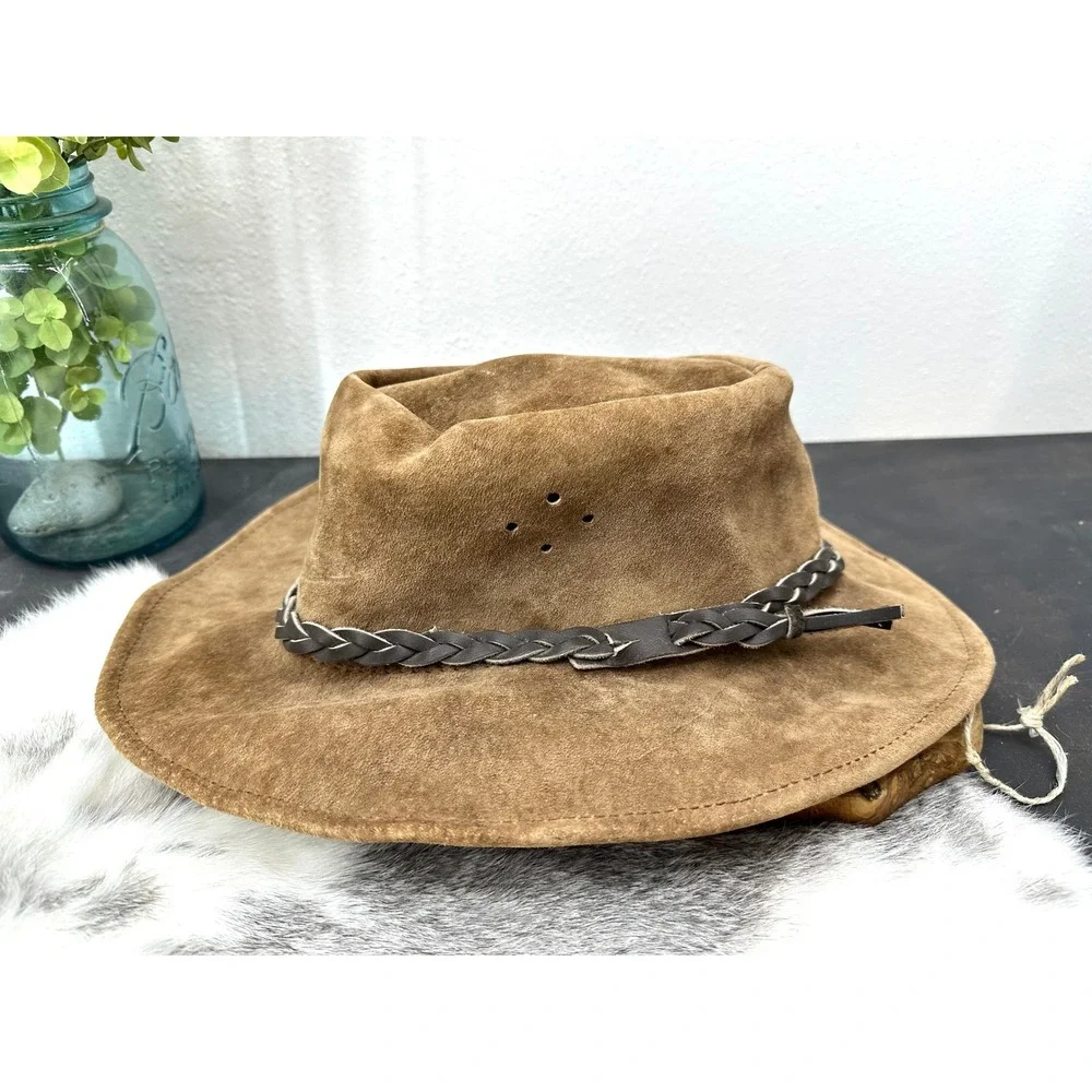 Suede leather outback hat Australia genuine leather tan braided vintage large‎